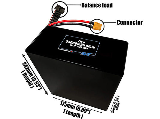 Size reference photo of the 34000mAh 40.7V LiPo pack showing 175 mm by 75 mm by 242 mm dimensions ideal for drones or large robotic systems where space matters.