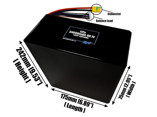 Size reference photo of the 34000mAh 40.7V LiPo pack showing 175 mm by 75 mm by 242 mm dimensions ideal for drones or large robotic systems where space matters.
