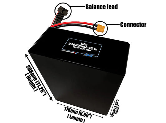 Size reference photo of the 34000mAh 48.1V LiPo pack showing 175 mm by 75 mm by 286 mm dimensions ideal for drones or large robotic systems where space matters.