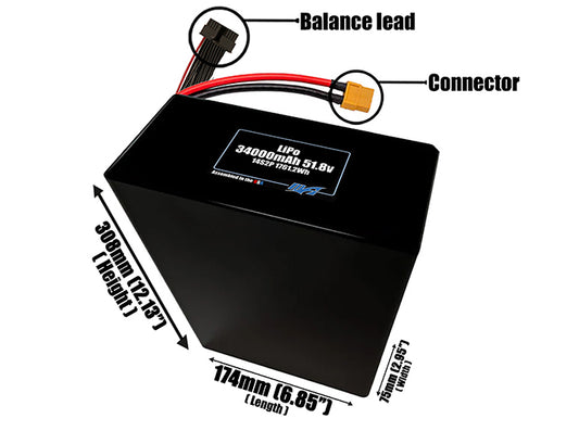 Size reference photo of the 34000mAh 51.8V LiPo pack showing 174 mm by 75 mm by 308 mm dimensions ideal for drones or large robotic systems where space matters.