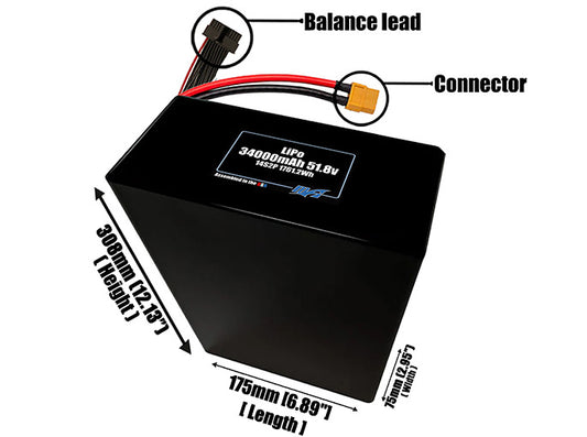 Size reference photo of the 34000mAh 51.8V LiPo pack showing 175 mm by 75 mm by 308 mm dimensions ideal for drones or large robotic systems where space matters.