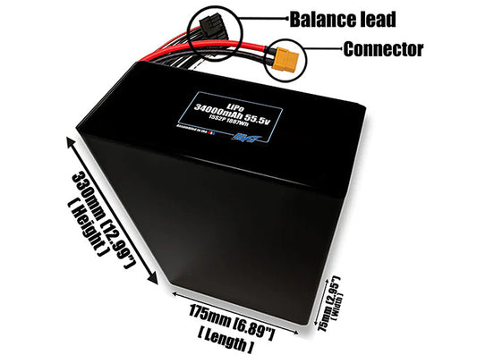 Size reference photo of the 34000mAh 55.5V LiPo pack showing 175 mm by 75 mm by 330 mm dimensions ideal for drones or large robotic systems where space matters.