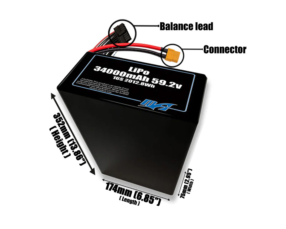 Size reference photo of the 34000mAh 59.2V LiPo pack showing 174 mm by 75 mm by 352 mm dimensions ideal for drones or large robotic systems where space matters.