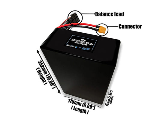 Size reference photo of the 34000mAh 59.2V LiPo pack showing 175 mm by 75 mm by 352 mm dimensions ideal for drones or large robotic systems where space matters.