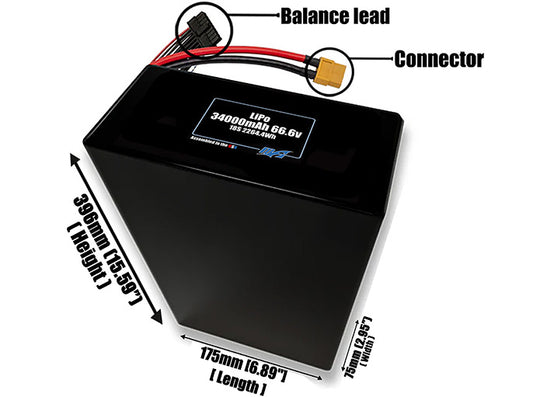 Size reference photo of the 34000mAh 66.6V LiPo pack showing 175 mm by 75 mm by 396 mm dimensions ideal for drones or large robotic systems where space matters.