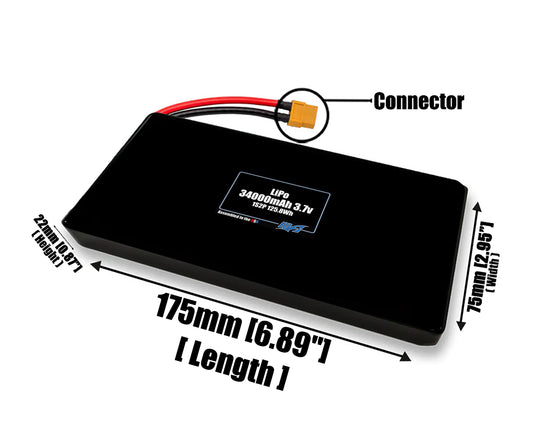 Size reference photo of the 34000mAh 3.7V LiPo pack showing 175 mm by 75 mm by 22 mm dimensions ideal for drones or large robotic systems where space matters.