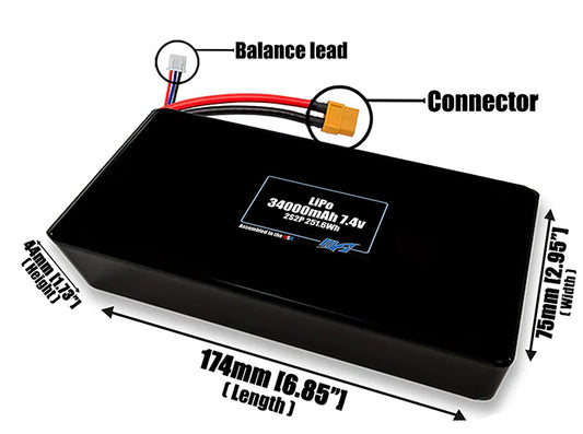 Size reference photo of the 34000mAh 7.4V LiPo pack showing 174 mm by 75 mm by 44 mm dimensions ideal for drones or large robotic systems where space matters.