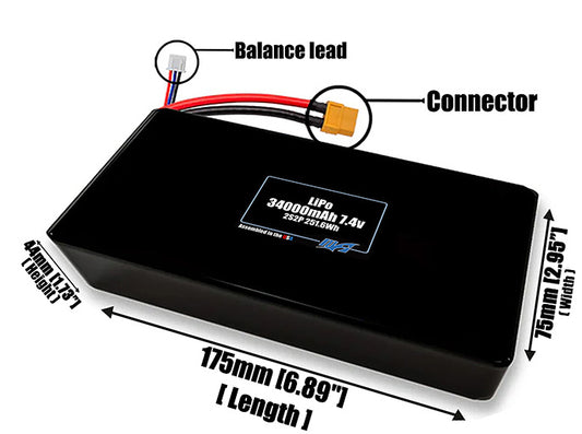 Size reference photo of the 34000mAh 7.4V LiPo pack showing 175 mm by 75 mm by 44 mm dimensions ideal for drones or large robotic systems where space matters.