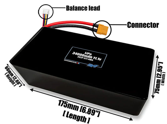 Size reference photo of the 34000mAh 11.1V LiPo pack showing 174 mm by 75 mm by 66 mm dimensions ideal for drones or large robotic systems where space matters.