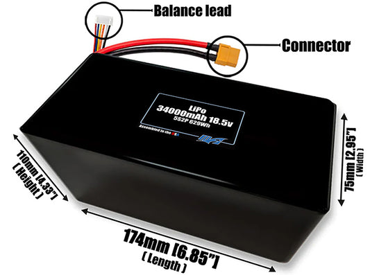 Size reference photo of the 34000mAh 18.5V LiPo pack showing 174 mm by 75 mm by 110 mm dimensions ideal for drones or large robotic systems where space matters.