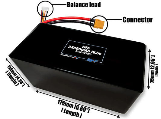 Size reference photo of the 34000mAh 18.5V LiPo pack showing 175 mm by 75 mm by 110 mm dimensions ideal for drones or large robotic systems where space matters.