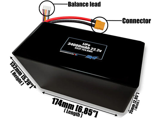 Size reference photo of the 34000mAh 22.2V LiPo pack showing 174 mm by 75 mm by 132 mm dimensions ideal for drones or large robotic systems where space matters.