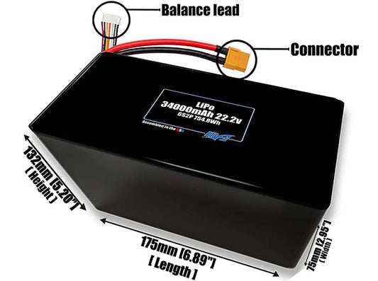 Size reference photo of the 34000mAh 22.2V LiPo pack showing 175 mm by 75 mm by 132 mm dimensions ideal for drones or large robotic systems where space matters.