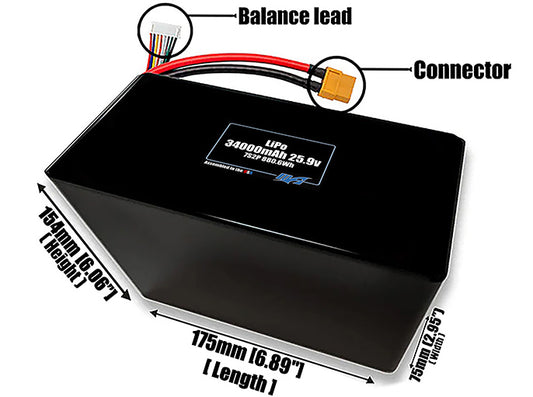 Size reference photo of the 34000mAh 25.9V LiPo pack showing 175 mm by 75 mm by 154 mm dimensions ideal for drones or large robotic systems where space matters.