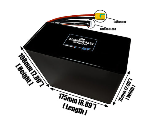 Size reference photo of the 34000mAh 33.3V LiPo pack showing 175 mm by 75 mm by 198 mm dimensions ideal for drones or large robotic systems where space matters.