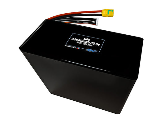 Compact 33.3-volt 34000mAh lithium-polymer battery, built for lightweight drone, UAV, and robotics projects.