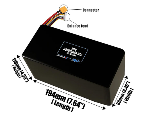 Size reference photo of the 35000mAh 37V LiPo pack showing 194 mm by 88 mm by 110 mm dimensions ideal for drones or large robotic systems where space matters.