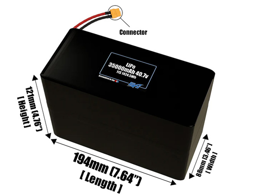 Size reference photo of the 35000mAh 40.7V LiPo pack showing 194 mm by 88 mm by 121 mm dimensions ideal for drones or large robotic systems where space matters.