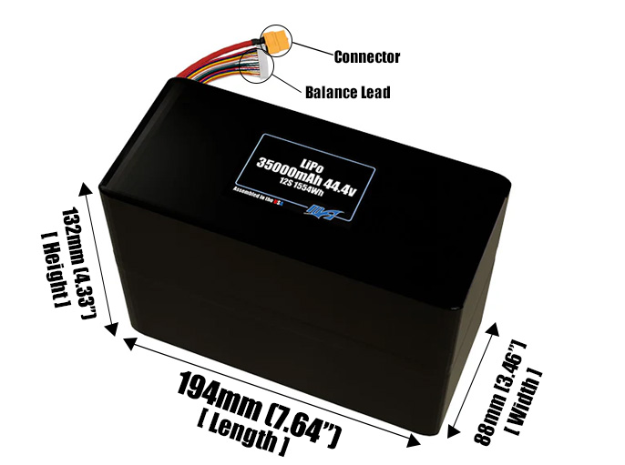 Size reference photo of the 35000mAh 44.4V LiPo pack showing 194 mm by 88 mm by 132 mm dimensions ideal for drones or large robotic systems where space matters.