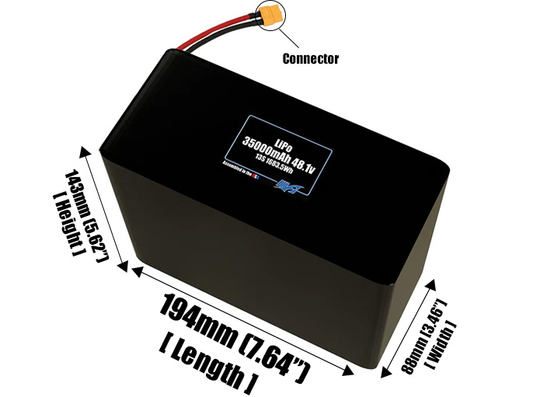 Size reference photo of the 35000mAh 48.1V LiPo pack showing 194 mm by 88 mm by 143 mm dimensions ideal for drones or large robotic systems where space matters.