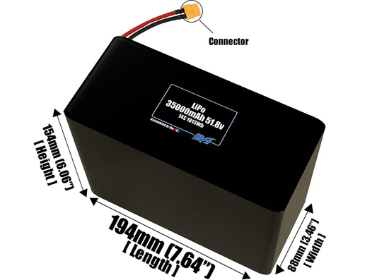 Size reference photo of the 35000mAh 511.8V LiPo pack showing 194 mm by 88 mm by 154 mm dimensions ideal for drones or large robotic systems where space matters.