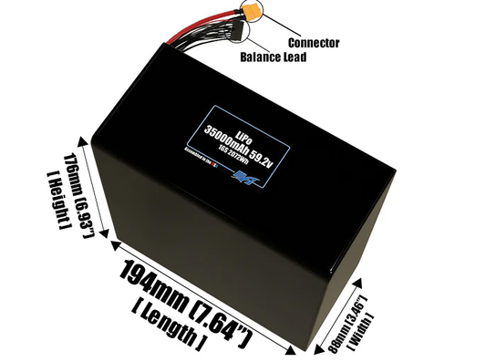 Size reference photo of the 35000mAh 59.2V LiPo pack showing 194 mm by 88 mm by 176 mm dimensions ideal for drones or large robotic systems where space matters.