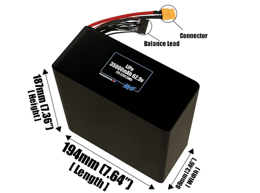 Size reference photo of the 35000mAh 62.9V LiPo pack showing 194 mm by 88 mm by 187 mm dimensions ideal for drones or large robotic systems where space matters.