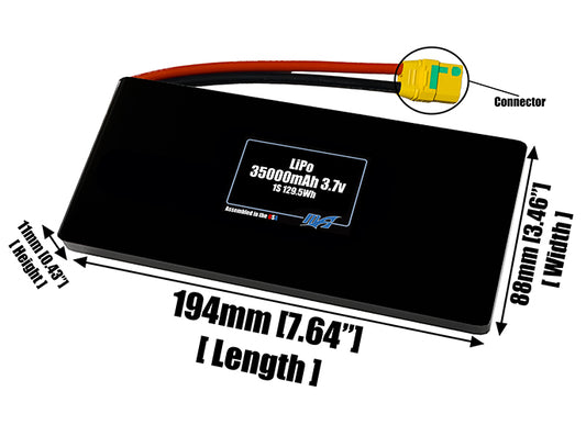 Size reference photo of the 35000mAh 3.7V LiPo pack showing 194 mm by 88 mm by 11 mm dimensions ideal for drones or large robotic systems where space matters.
