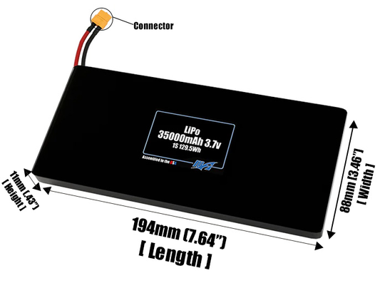 Size reference photo of the 35000mAh 3.7V LiPo pack showing 194 mm by 88 mm by 11 mm dimensions ideal for drones or large robotic systems where space matters.