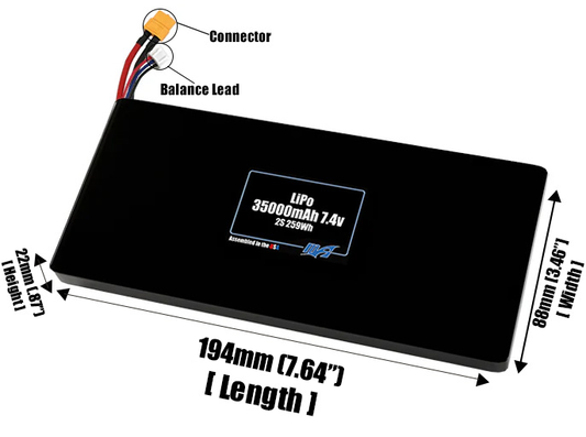Size reference photo of the 35000mAh 7.4V LiPo pack showing 194 mm by 88 mm by 22 mm dimensions ideal for drones or large robotic systems where space matters.