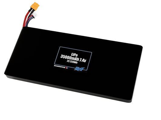 Compact 7.4-volt 35000mAh lithium-polymer battery, built for lightweight drone, UAV, and robotics projects.
