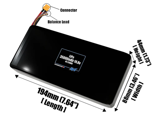 Size reference photo of the 35000mAh 14.8V LiPo pack showing 194 mm by 88 mm by 44 mm dimensions ideal for drones or large robotic systems where space matters.