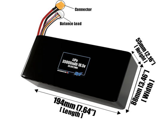 Size reference photo of the 35000mAh 18.5V LiPo pack showing 194 mm by 88 mm by 55 mm dimensions ideal for drones or large robotic systems where space matters.