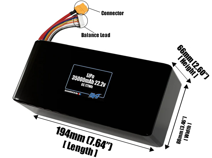 Size reference photo of the 35000mAh 22.2V LiPo pack showing 194 mm by 88 mm by 66 mm dimensions ideal for drones or large robotic systems where space matters.