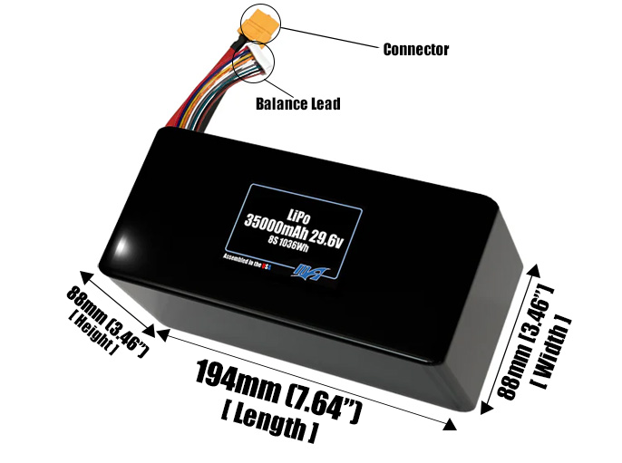 Size reference photo of the 35000mAh 29.6V LiPo pack showing 194 mm by 88 mm by 88 mm dimensions ideal for drones or large robotic systems where space matters.