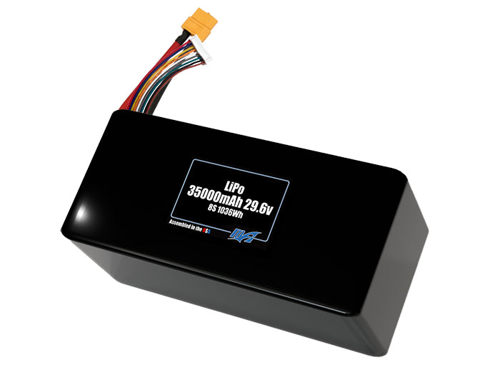 Compact 29.6-volt 35000mAh lithium-polymer battery, built for lightweight drone, UAV, and robotics projects.