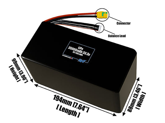 Size reference photo of the 35000mAh 33.3V LiPo pack showing 194 mm by 88 mm by 99 mm dimensions ideal for drones or large robotic systems where space matters.