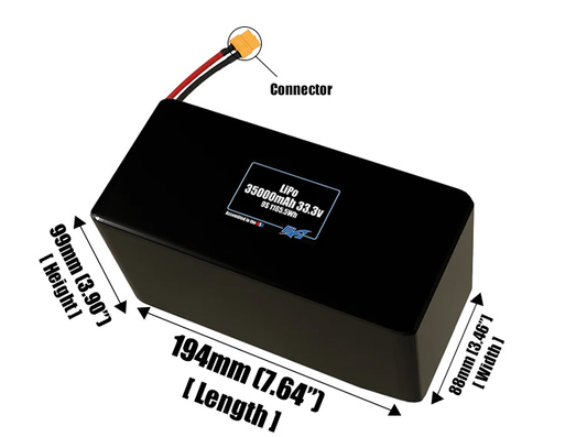 Size reference photo of the 35000mAh 33.3V LiPo pack showing 194 mm by 88 mm by 99 mm dimensions ideal for drones or large robotic systems where space matters.