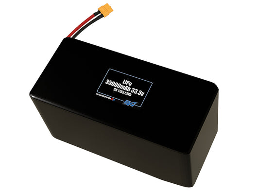 Compact 33.3-volt 35000mAh lithium-polymer battery, built for lightweight drone, UAV, and robotics projects.