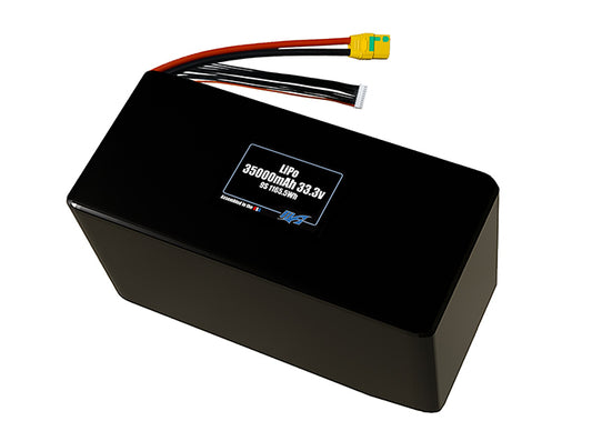 Compact 33.3-volt 35000mAh lithium-polymer battery, built for lightweight drone, UAV, and robotics projects.