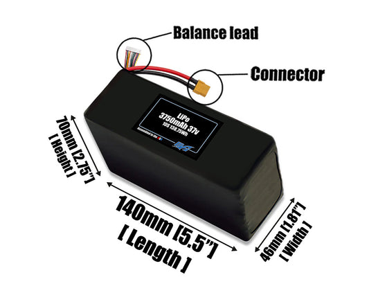 Size reference photo of the 3750mAh 37V LiPo pack showing 140 mm by 46 mm by 70 mm dimensions ideal for drones or robotic systems where space matters.