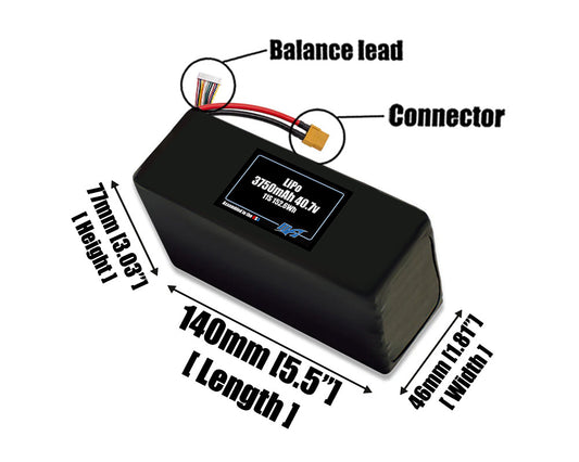 Size reference photo of the 3750mAh 40.7V LiPo pack showing 140 mm by 46 mm by 77 mm dimensions ideal for drones or robotic systems where space matters.