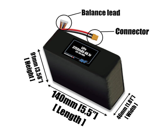 Size reference photo of the 3750mAh 48.1V LiPo pack showing 140 mm by 46 mm by 91 mm dimensions ideal for drones or robotic systems where space matters.