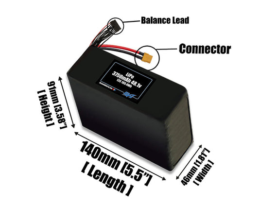 Size reference photo of the 3750mAh 48.1V LiPo pack showing 140 mm by 46 mm by 91 mm dimensions ideal for drones or robotic systems where space matters.