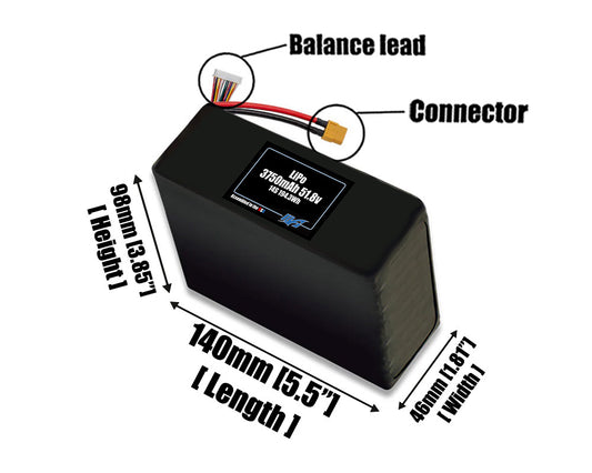 Size reference photo of the 3750mAh 51.8V LiPo pack showing 140 mm by 46 mm by 98 mm dimensions ideal for drones or robotic systems where space matters.