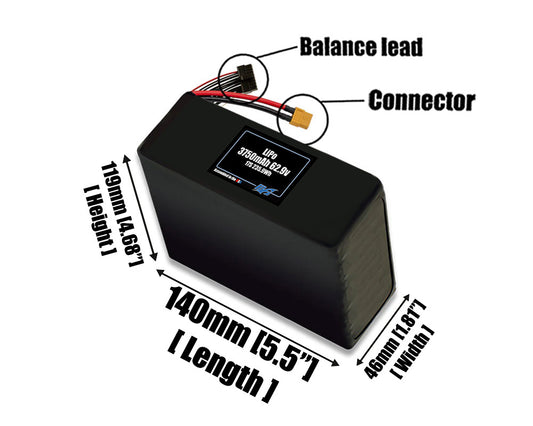 Size reference photo of the 3750mAh 62.9V LiPo pack showing 140 mm by 46 mm by 119 mm dimensions ideal for drones or robotic systems where space matters.