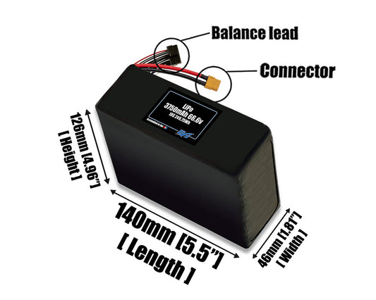 Size reference photo of the 3750mAh 66.6V LiPo pack showing 140 mm by 46 mm by 126 mm dimensions ideal for drones or robotic systems where space matters.