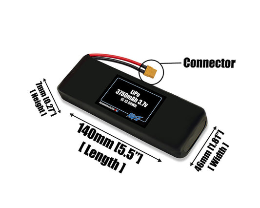 Size reference photo of the 3750mAh 3.7V LiPo pack showing 140 mm by 46 mm by 7 mm dimensions ideal for drones or robotic systems where space matters.