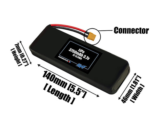 Size reference photo of the 3750mAh 3.7V LiPo pack showing 140 mm by 46 mm by 7 mm dimensions ideal for drones or robotic systems where space matters.