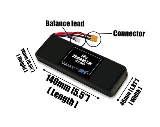 Size reference photo of the 3750mAh 7.4V LiPo pack showing 140 mm by 46 mm by 14 mm dimensions ideal for drones or robotic systems where space matters.